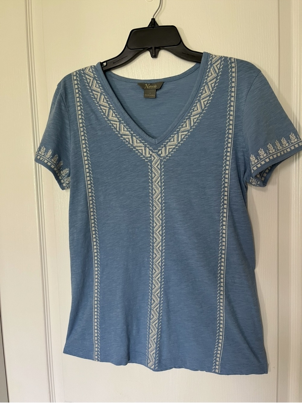 Natural Elements Blue V-Neck Tee with Cream Embroidered Trim